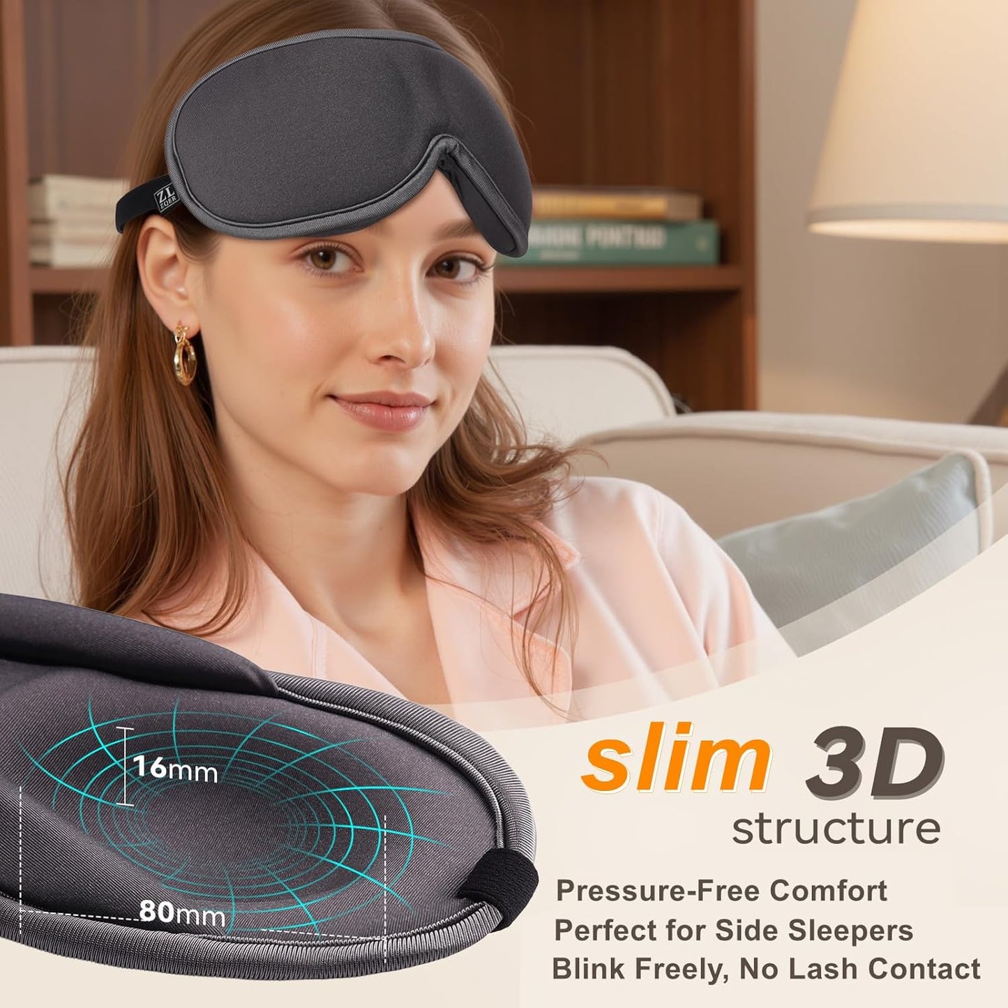 Slim 3D Sleep Mask for Side Sleepers, Blackout Sleeping Mask for Men, Women & Girls, Zero Eye Pressure, Ultra Soft Eye Masks for Sleeping, Perfect for Travel, Nap, Meditation, Airplane (Gray)
