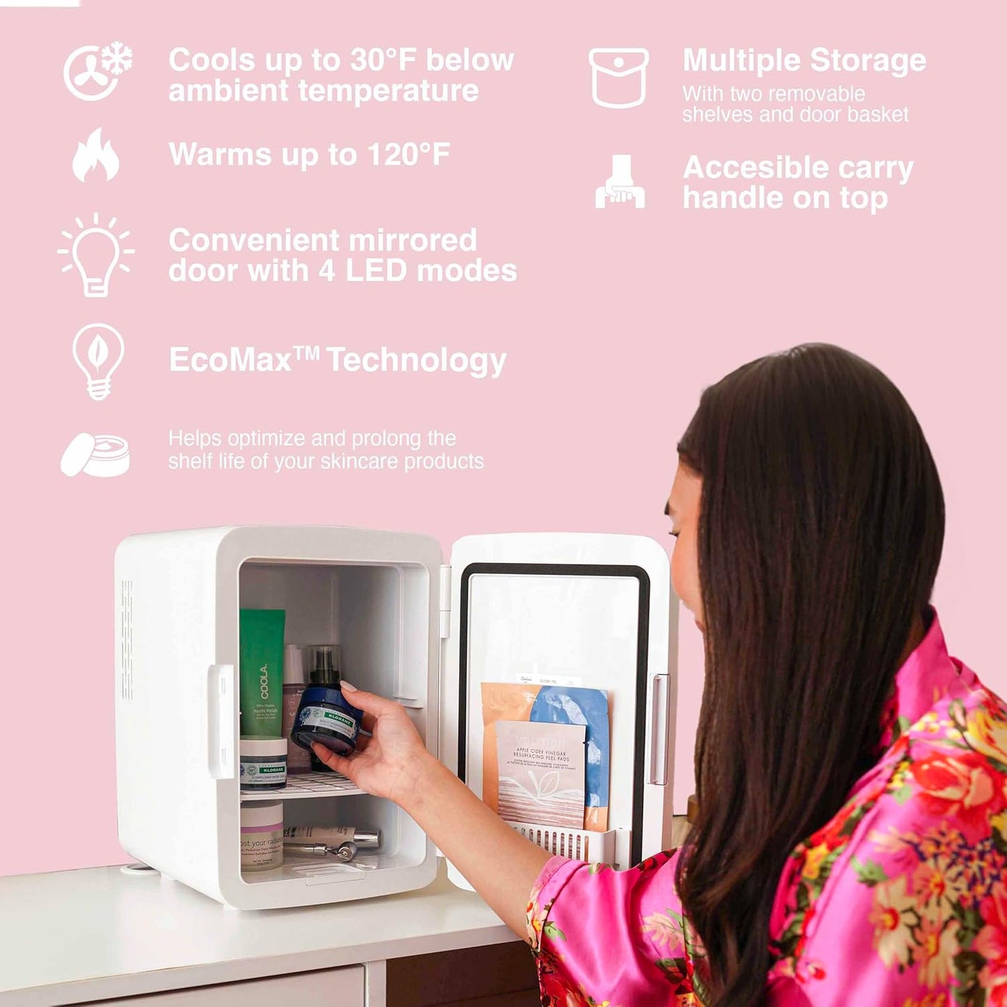 Cooluli Glow 10L Mini Skincare Fridge with Mirror & LED Light - Small Refrigerator for Skin Care, Makeup, Beauty, Cosmetics, Food & Drinks, White