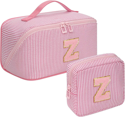 Travel Makeup Bag for Women, 2Pcs Portable Personalized Initial Makeup Organizer Bag, Open Flat Large Cosmetic Bag With Travel Essential Pouch (Pink Letter Z)