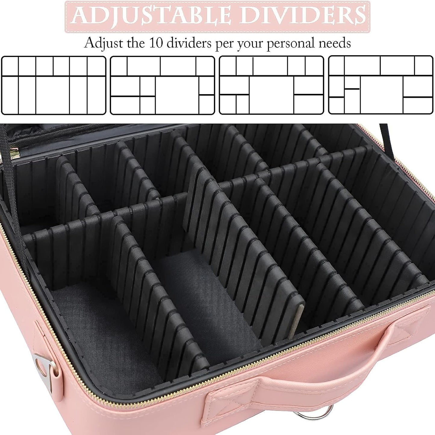 JOURMON Travel Makeup Case Portable Makeup Train Case Organizer Cosmetic Bag with Adjustable Dividers and Shoulder Strap for Makeup Brushes Toiletry Travel Accessories(Pink, L)