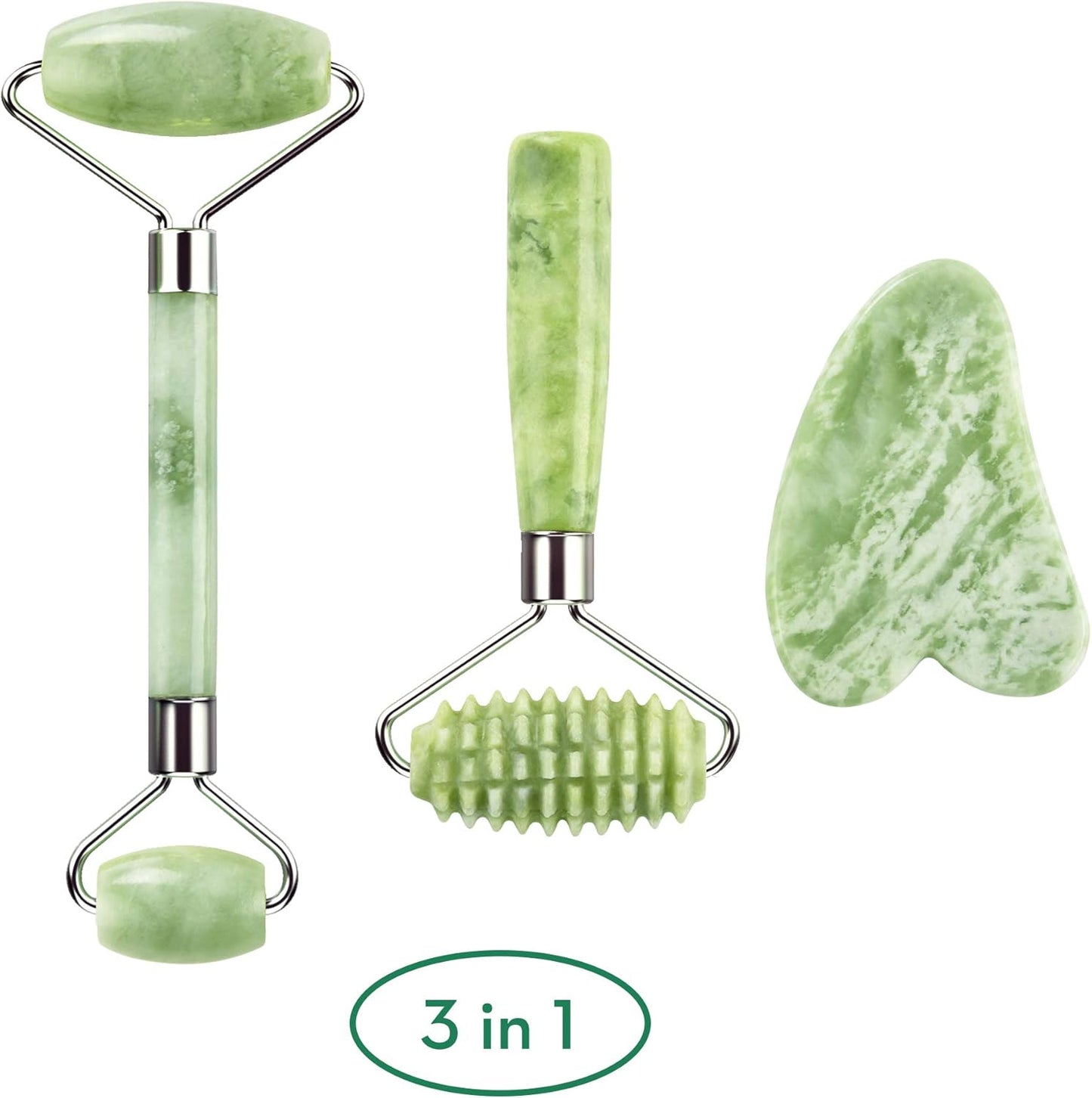 kimkoo Jade Roller and Gua Sha for Face-3 in 1 Kit with Facial Massager Tool,100% Real Natural Jade Stone Anti Aging,Face Beauty Set for Eye Anti-Wrinkle