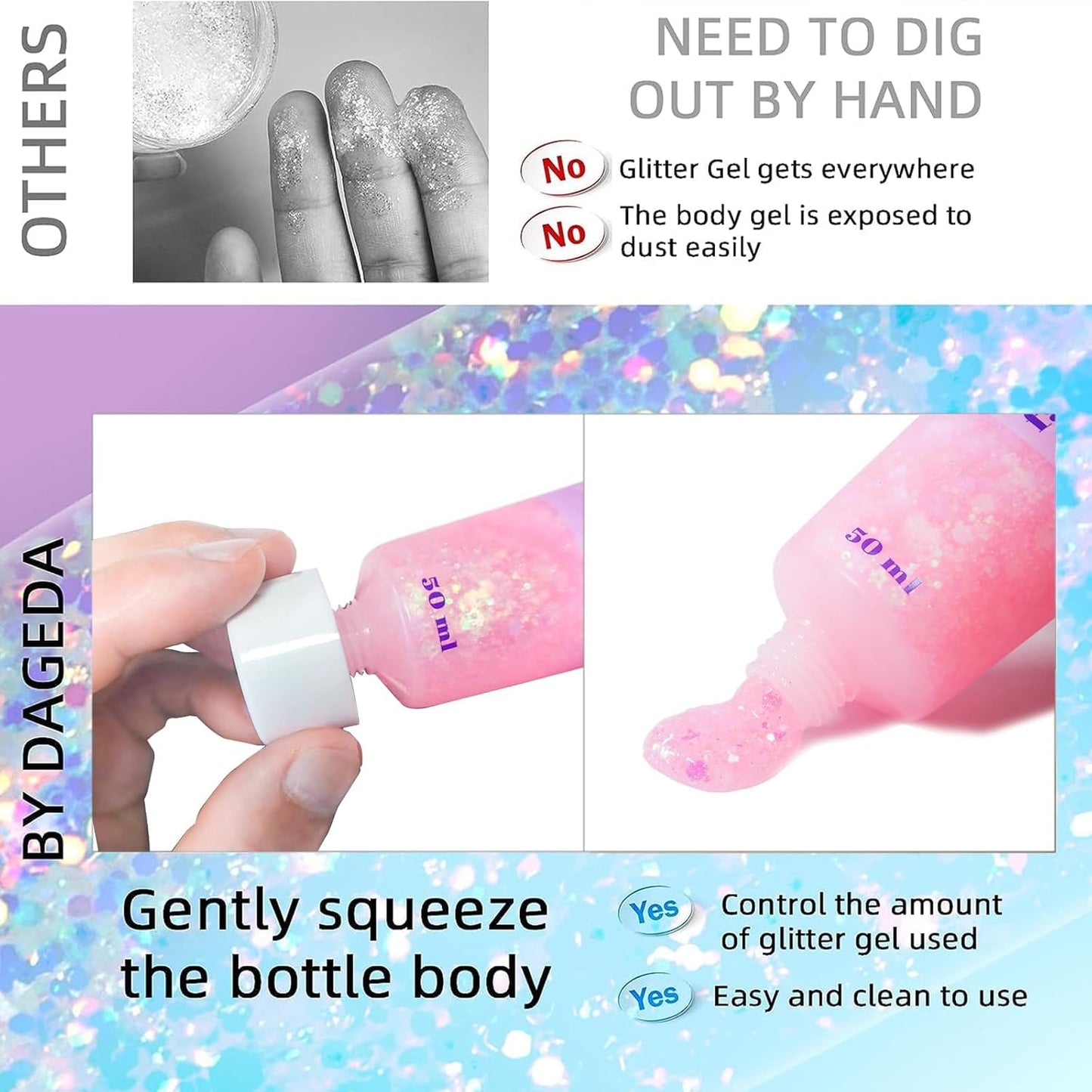 DAGEDA Body Glitter Gel, Face Glitters Body Gel Sequins Shimmer Liquid Eyeshadow, Chunky Glitter for Face Hair Nails, Holographic Cosmetic Laser Powder Festival Glitter Makeup 1.7oz (Light Pink)