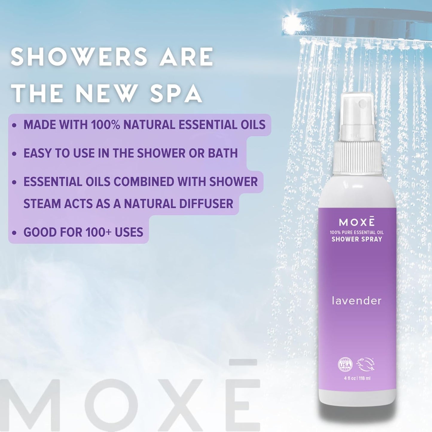 MOXE Shower Mist, Spa Steam Spray, Certified Natural Essential Oils, Aromatherapy, Calming Relief (Lavander and Eucalyptus, 4 Fl Oz (Pack of 2))