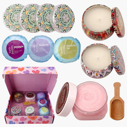 Birthday Gifts For Women-Assorted 4 Shower Steamers, 3 Bath Bombs, 2 Scented Candles, and 1 Exfoliating Body Scrub - Gifts for Mom, For Women, For Wife and Girlfriend……
