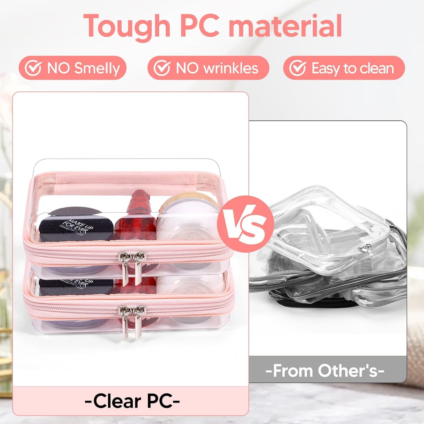2 Pcs Clear Hard Zipper Case, Hard PC Plastic Cosmetic Travel Bag, Portable Travel Organizer Bins, Durable Makeup Bags for Toy Storage, Pencil Case(Pink Zipper)