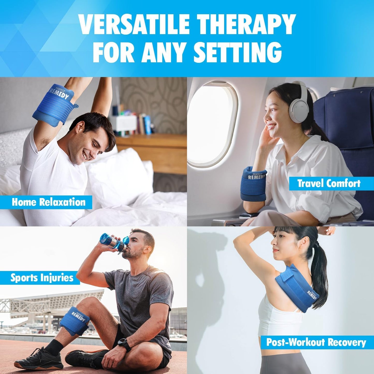 Perfect Remedy 2-Pack Gel Ice Packs for Injuries with Strap Cover, Flexible Hot Cold Compress, Soothing Soft Ice Packs for aid in Injuries Conditions, Alternative to Hot Water Bottles (Blue, Regular)