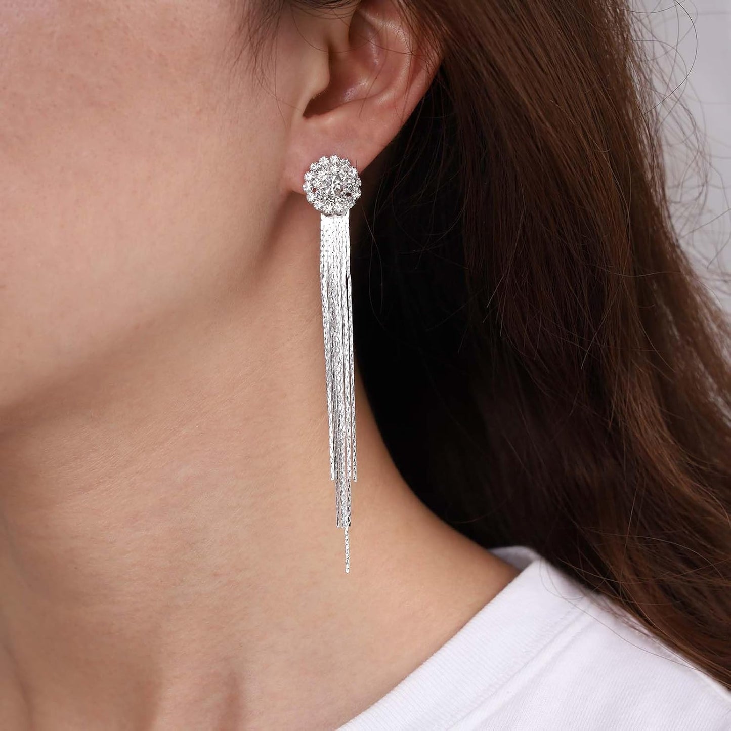 Vintage Crystal Chandelier Dangle Earrings Rhinestone Tassel Chain Earrings Wedding Chandelier Earrings Silver Full Cz Chain Earrings Jewelry for Women