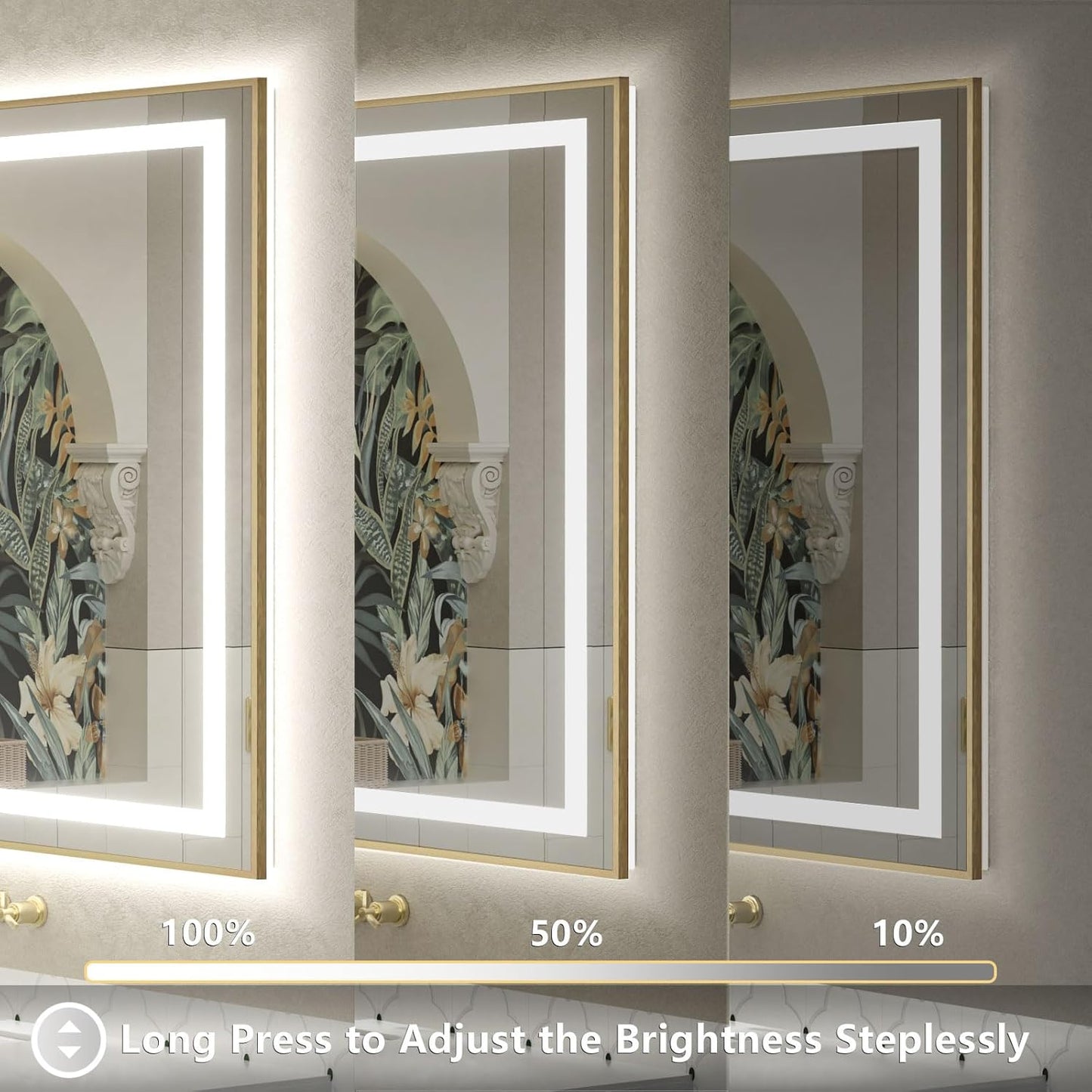 OKPAL 48x30 Gold LED Mirror for Bathroom with Frontlit & Backlit, Metal Framed Lighted Bathroom Mirror with Lights, Anti-Fog, Dimmable 3 Colors, Shatterproof, Horizontal/Vertical