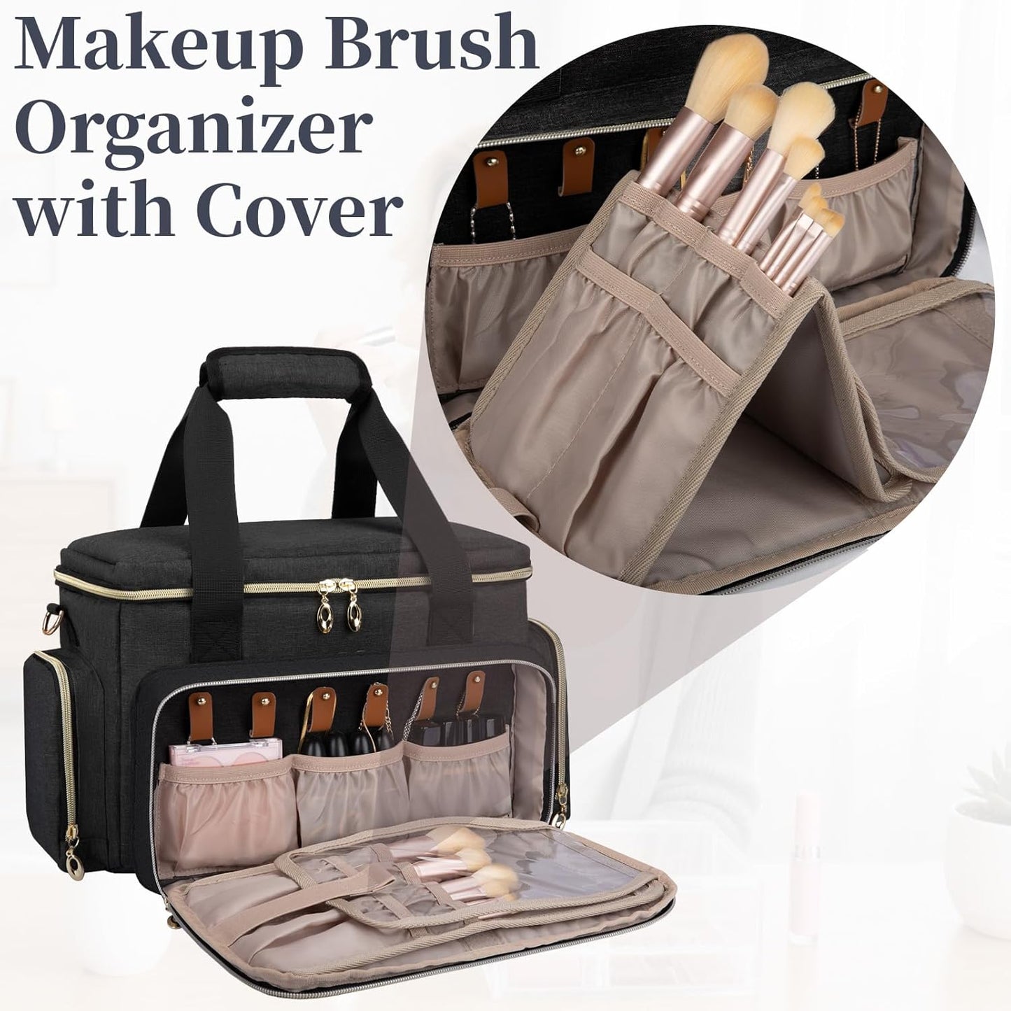 Large Makeup Bag, Portable Travel Makeup Bag Organizer for Women Girls with 2 Removable Pouches & Detachable Dividers, Cosmetic Travel Bag, Toiletry Bag for Makeup and Hair Supplies Black