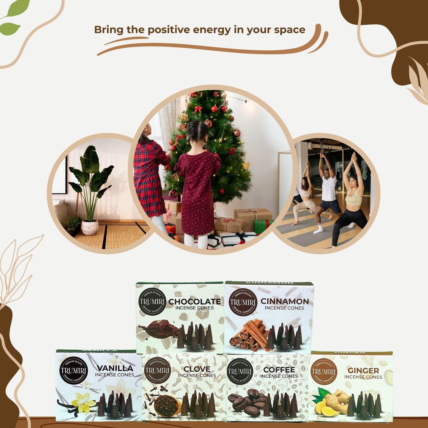 TRUMIRI Gourmet Incense Cones - Variety Pack - Total 60 Cone Incense (6 Scents x 10 Conos) - Vanilla, Cinnamon, Coffee, Chocolate, Clove, Ginger - Cone Incense Scents - Insense Cones - Incent Cone