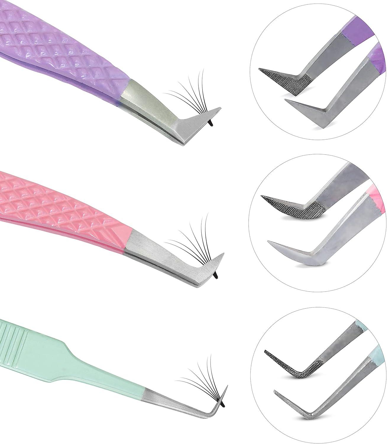 SIVOTE Lash Tweezers for Eyelash Extensions, Set of 3 - Volume, Volume Boot, Slim 90 Degree Tweezers with Fiber Tips in Pastel Colors, Ideal for Mega, Volume & Russian Lashes - Includes Leather Pouch