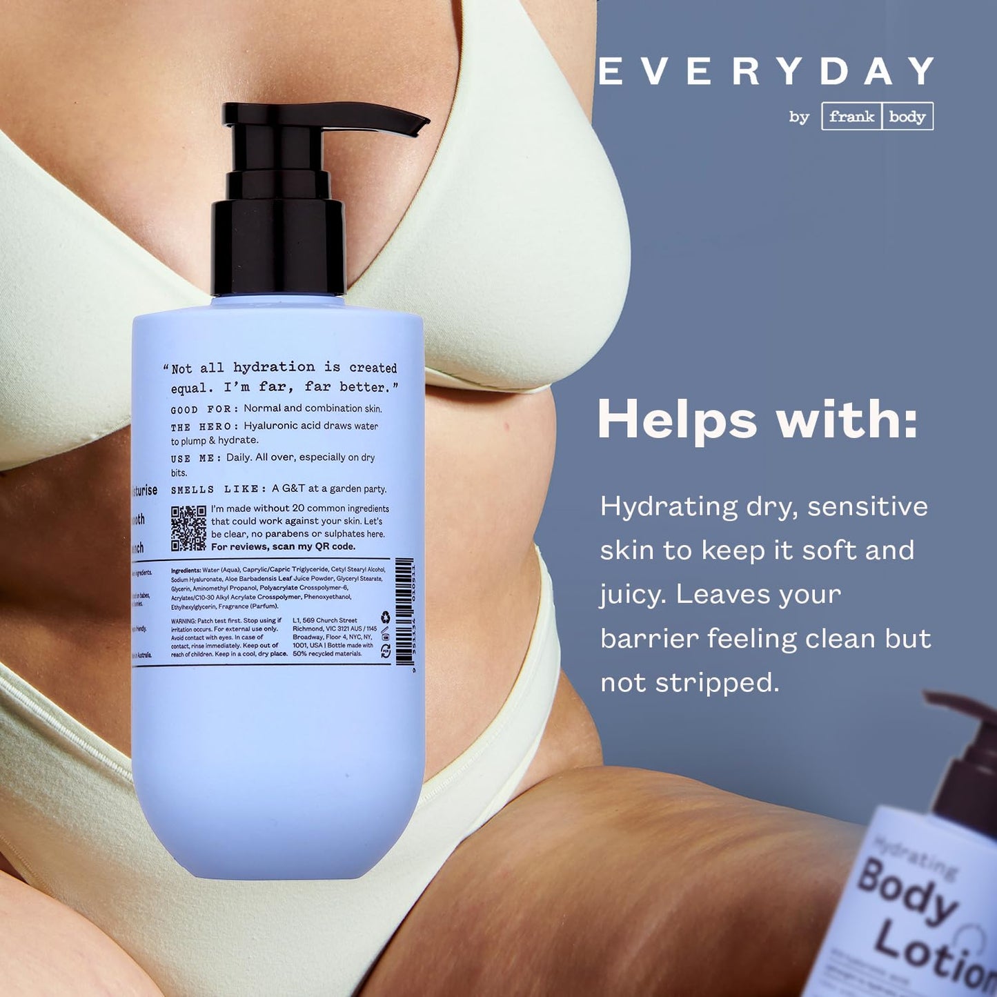 frank body Hydrating Body Lotion | Hydrates, Soothes & Moisturizes Dry Skin | Hyaluronic Acid, Aloe Vera & Glycerin | Lightweight | Cucumber & Waterlily Scent | Vegan & Cruelty Free | 250ml