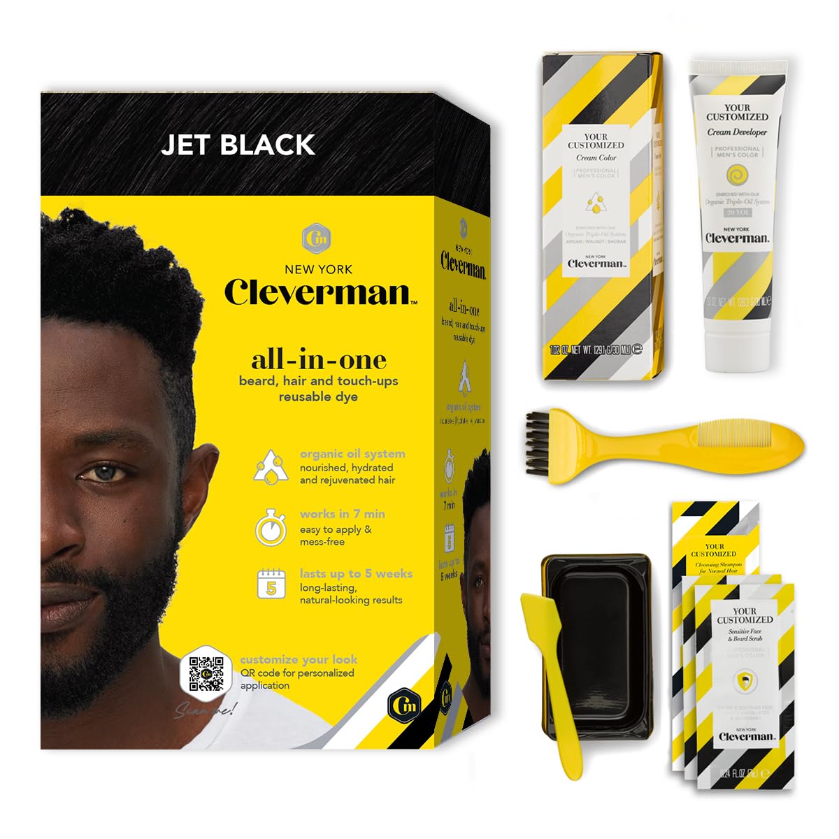Cleverman Hair & Beard Dye Kit for Men, All-in-One Reusable Mens Hair Color, Natural Gray Coverage, Ammonia-Free Beard Mustache Dye (Jet Black for Black Men)
