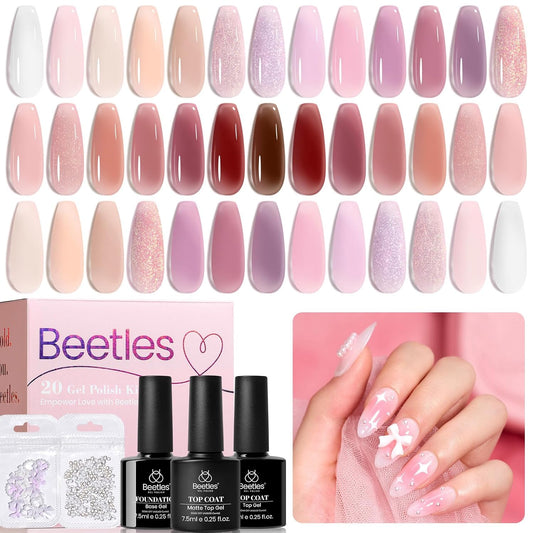 Beetles Jelly Gel Nail Polish Set, 25PCS 20 Colors Sheer Neutral Nude Pink Glitter Milky White Gel Nail Kit Soak Off UV with Base Glossy Matte Top Coat Pearls Rhinestones Nail Charms Gift for Women