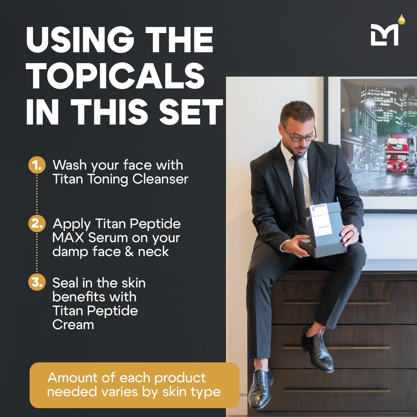 Titan Golden Anti-Aging Mens Skin Care Kit – Wash, Face Serum, Mens Face Moisturizer – Men, Skin Care Set – Dark Spots, Wrinkles, Fine Lines – Vitamin C, Peptides, Niacinamide, HA – Unscented