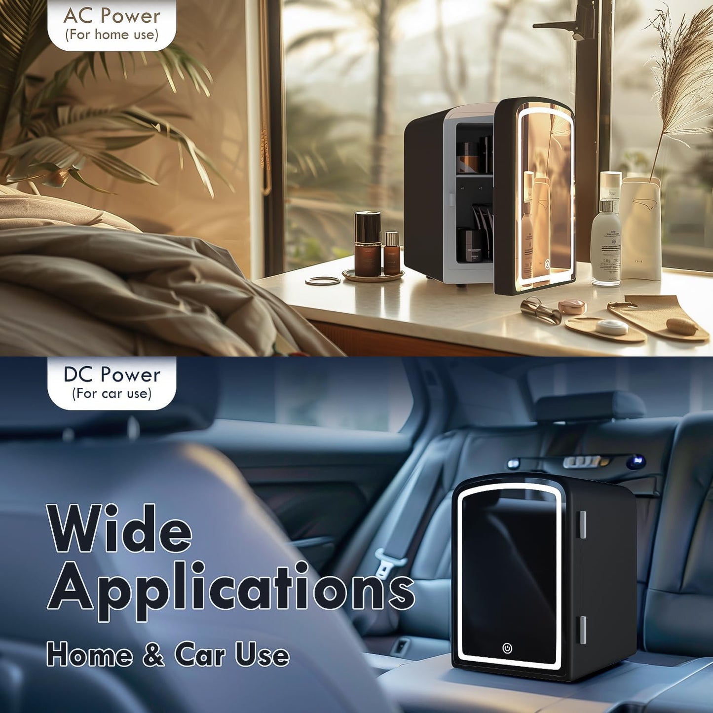 Mini Fridge for Skin Care, 4 Liter Portable Small Fridge with Dimmable LED Mirror, Hot or Cold Personal Beauty Refrigerator for Bedroom, Office, Car, Makeup(BLACK)