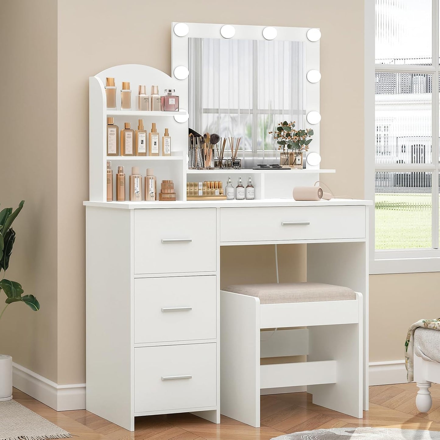 Quimoo Makeup Vanity with 10 Light Bulbs and Charging Station, Vanity Desk with Lighted Mirror & 4 Drawers, Vanity Table Set with Cushioned Stool, White