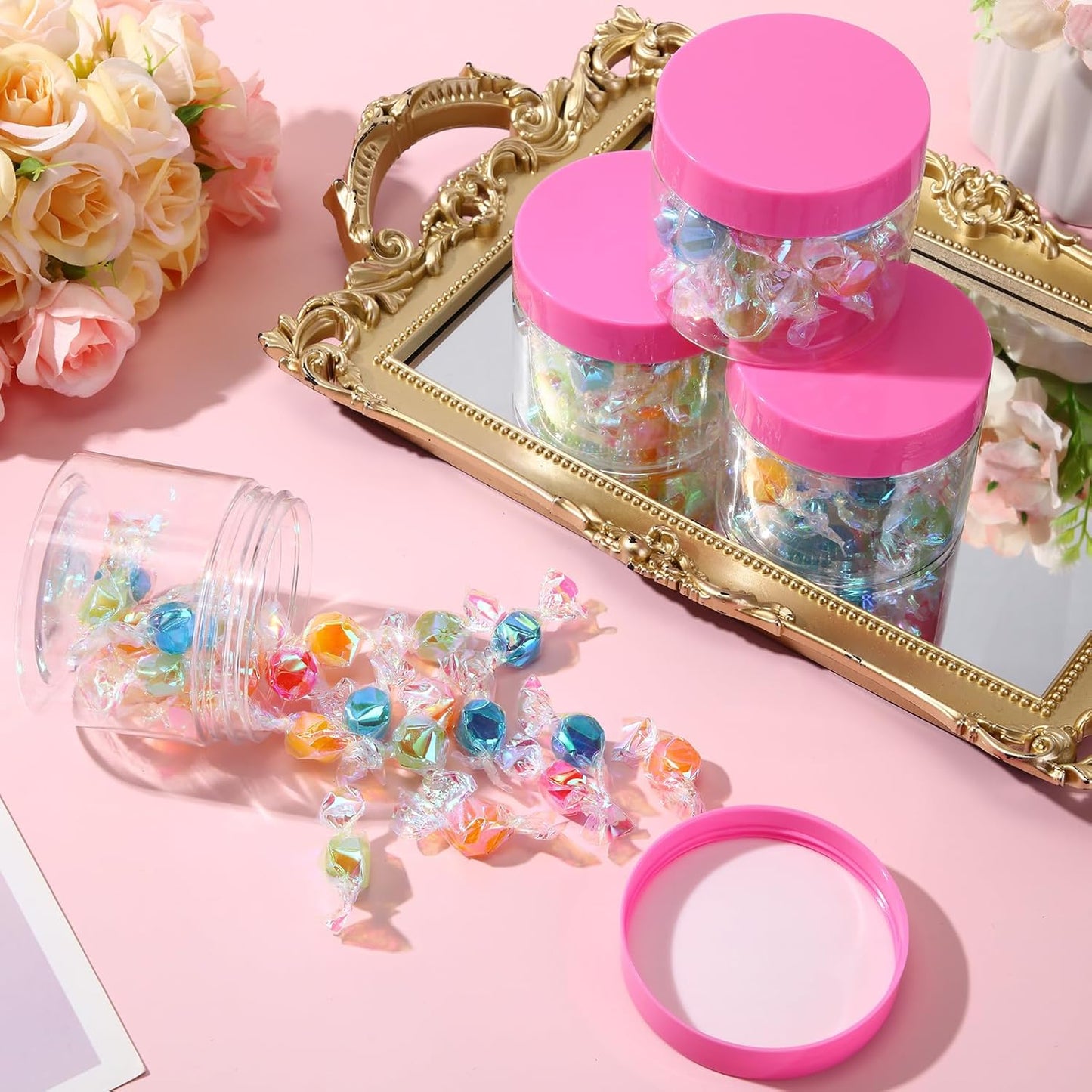 SATINIOR 24 Pieces Empty Clear Plastic Jars with Lids Round Storage Containers Wide Mouth for Beauty Product Cosmetic Cream Lotion Liquid Butter Craft and Food(Pink Lid,2 oz)