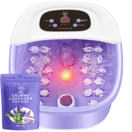 Foot Spa Bath Massager with Heat Bubbles and Vibration Massage and Jets, 16 OZ Calming Lavender Foot Soak Epsom Salt, MoodRelish Foot Soaker With Red Light, 22 Massage Rollers, Adjustable Temp -Purple