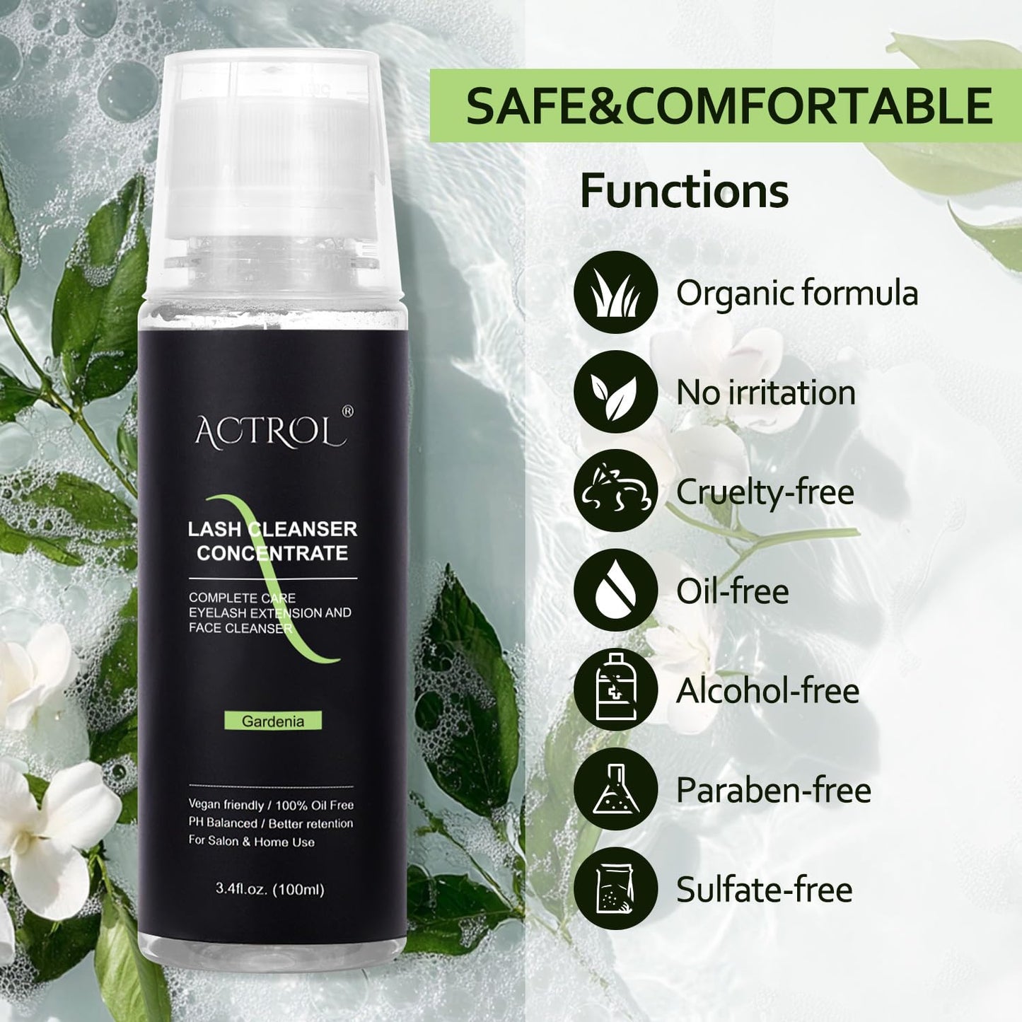 Eyelash Cleanser Concentrate Professional Lash Shampoo Foaming Cleanser DIY Paraben & Sulfate Free Non-lrritating Wash for Extensions Lashes with Salon Home Gardenia