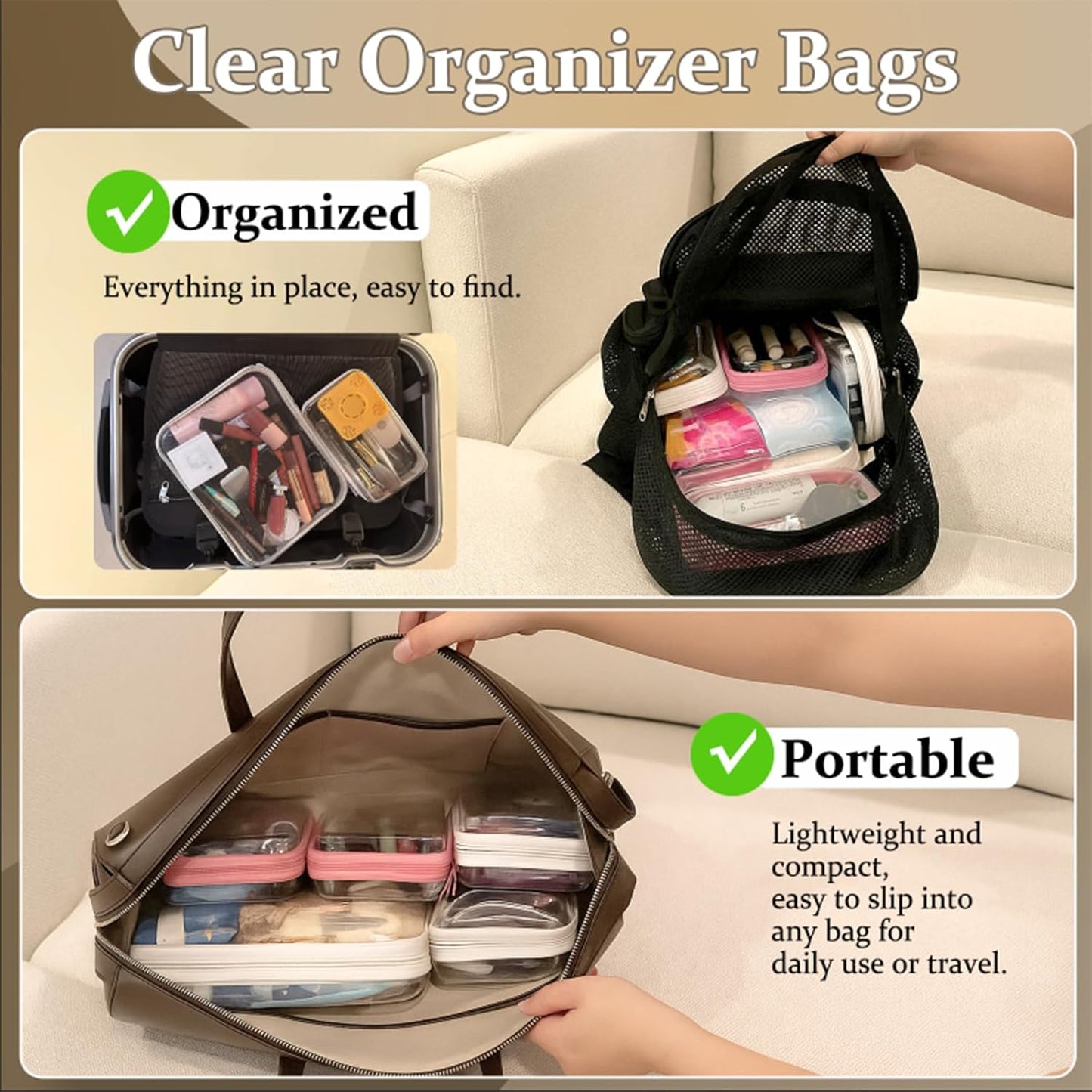 6 pcs Clear Zipper Pouches, Toiletry Bag for Travel, Stackable Waterproof Diaper Bag, Zipper Pouch, Travel Organizer, Clear Cosmetic Bag,Toy Storage Bins (M+3S+2Mini)