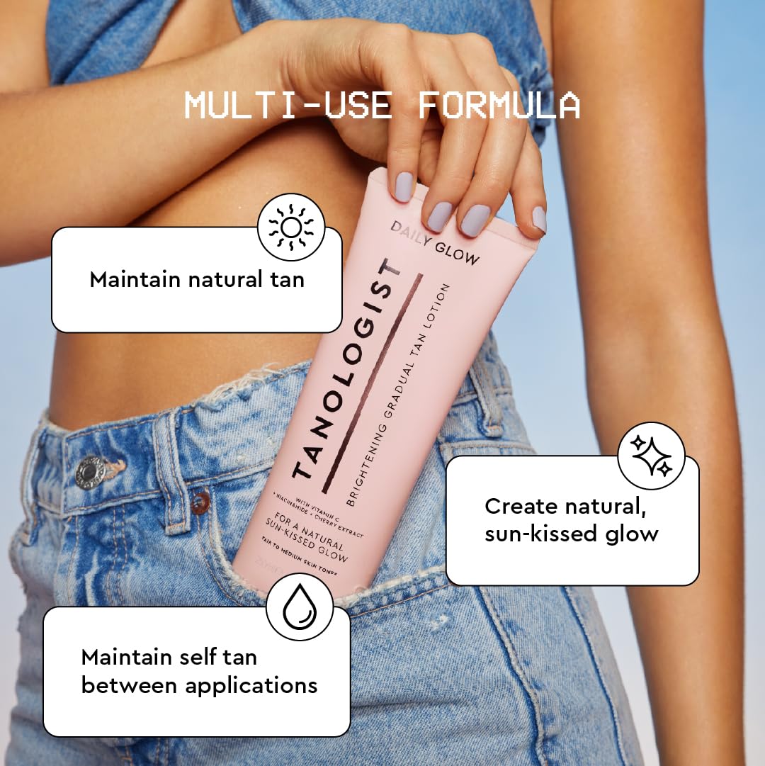 Tanologist Brightening Daily Glow Body Lotion- Light/Medium, Gradual Tanning Lotion, No Fake Tan Smell, Streak-Free & Natural Looking Self Tanner, Vegan, 8.45 fl. oz/250 ml Tube
