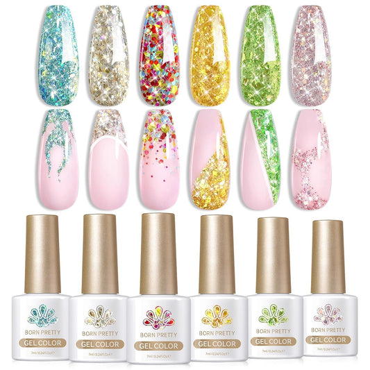 Born Pretty Glitter Gel Nail Polish with Sequins, 6 Pcs Blue Gold Red Yellow Green Pink Long Lasting Sparkly Shiny U V Gel Polish Set for Manicure and Nail Art, DIY at Home, Salon-Quality 7ml