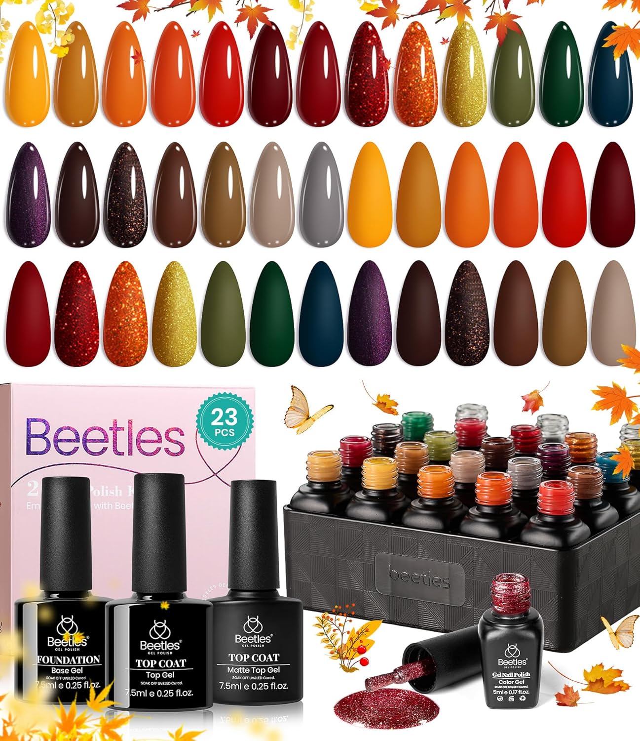 beetles Gel Polish Cozy Campfire Shade Collection - Fall Nail Fest Fall Gel Nail Polish Set, 20 Colors Autumn Orange Yellow Green Brown Red Shades UV LED Cured Soak Off DIY Manicure Gift for Girl