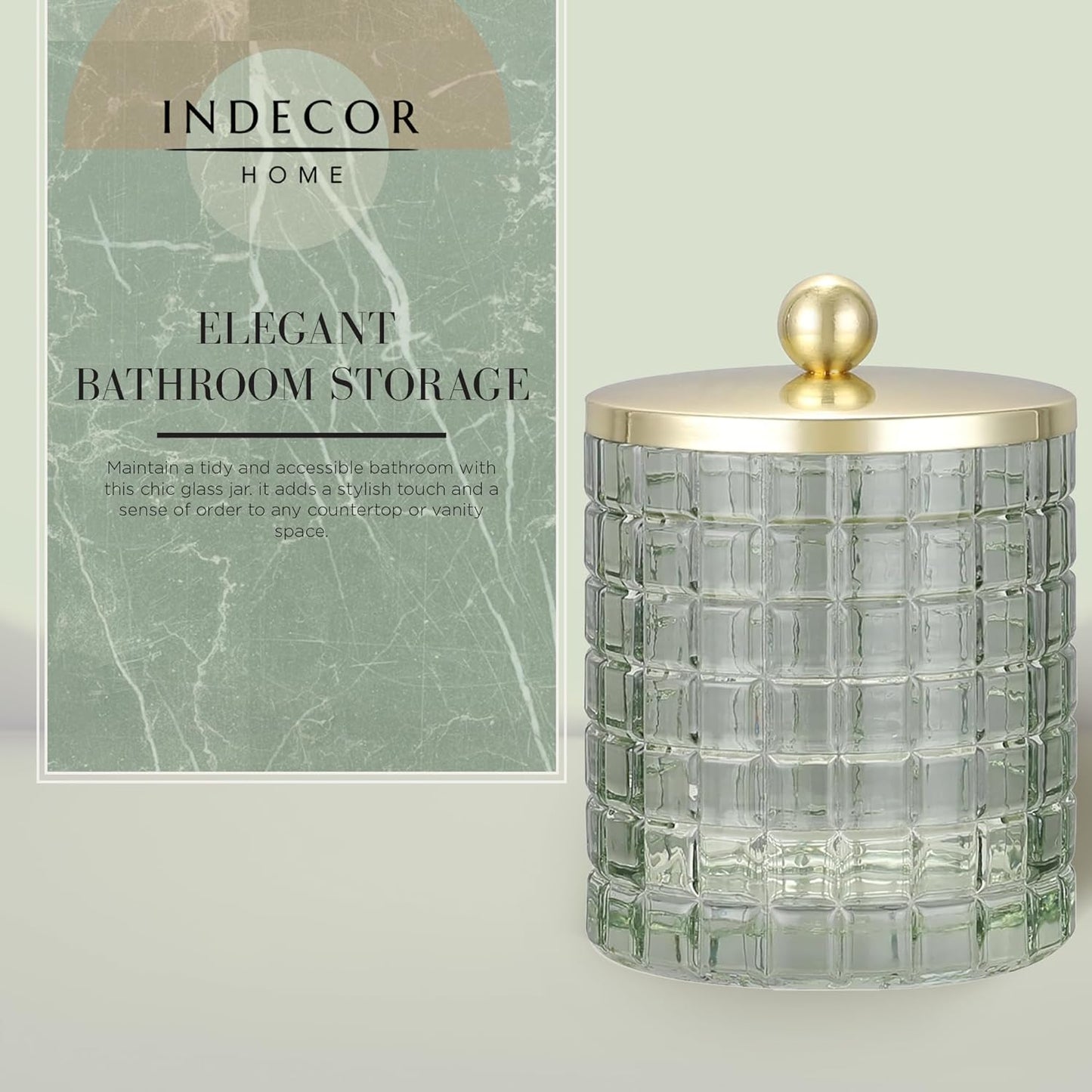 Glass Jar with Metal Lid for Bathroom Organization, Clear Apothecary Jar for Cotton Balls, Q Tips, and Small Accessories, Stylish Bathroom Storage Container Sage Green, Gold