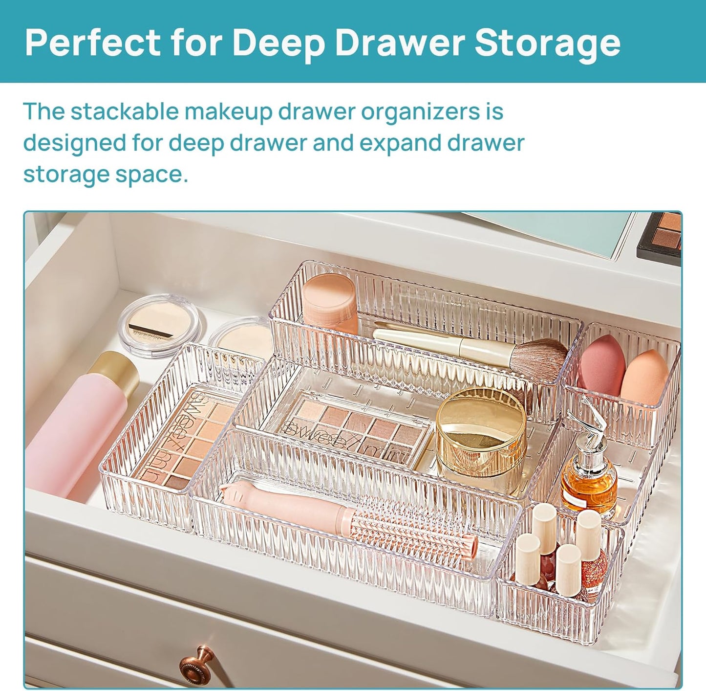 Vtopmart 7 PCS Clear Drawer Organizers Bins, 4-Size Stackable Makeup and Vanity Drawer Organizer Trays, Acrylic Bathroom Drawer Storage Containers for Cosmetic, Office Supply, Kitchen Utensils Gadgets