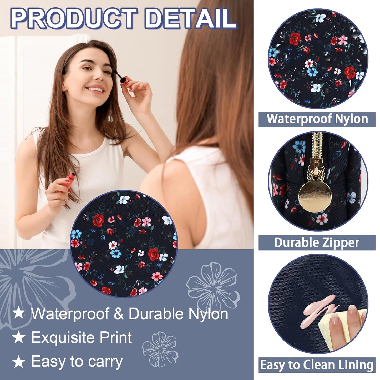 Waterproof Mini Floral Makeup Bag Pouch for Purse,Nylon Flower Cosmetic Travel Bag Small Preppy Toiletry Organizers Bag for Women Girl,Cute Zipper Pouch Coin Purse for Work(Mini Black-Flowers)