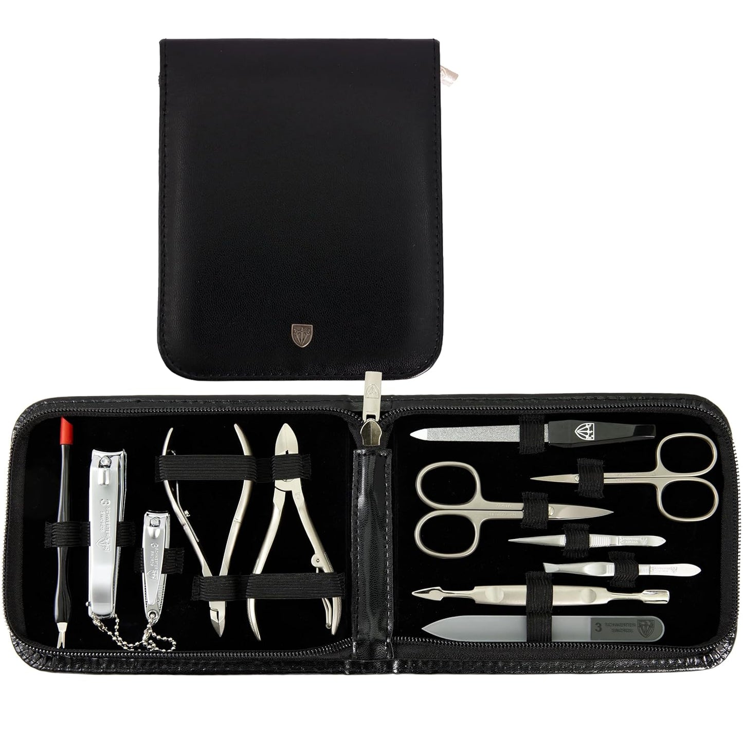 3 Swords Germany - brand quality 12 piece manicure pedicure grooming kit set for professional finger & toe nail care with black synthetic leather case - Made in Germany