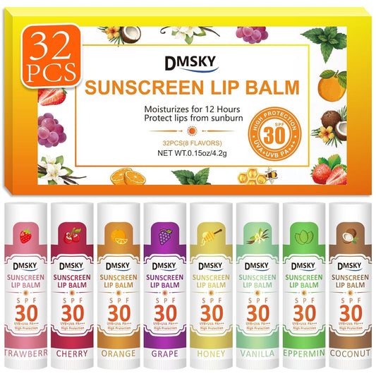 Dmsky 32 Pack Lip Balm Bulk，SPF 30 Lip Balm with Sunscreen,Hydrating Lip Balm Pack with Vitamin E and Coconut Oil- 8 Flavors, B-32 Count