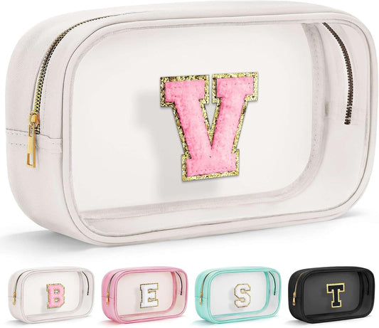YOOLIFE Initial Make Up Bag Travel Toiletry Bag, Clear Makeup Bag Preppy Cosmetic Bag Clear Makeup Bags With Zipper Girlfriend Teacher 7 Year Old Girl Gifts Daughter Gifts Swim Gifts For Girls White V