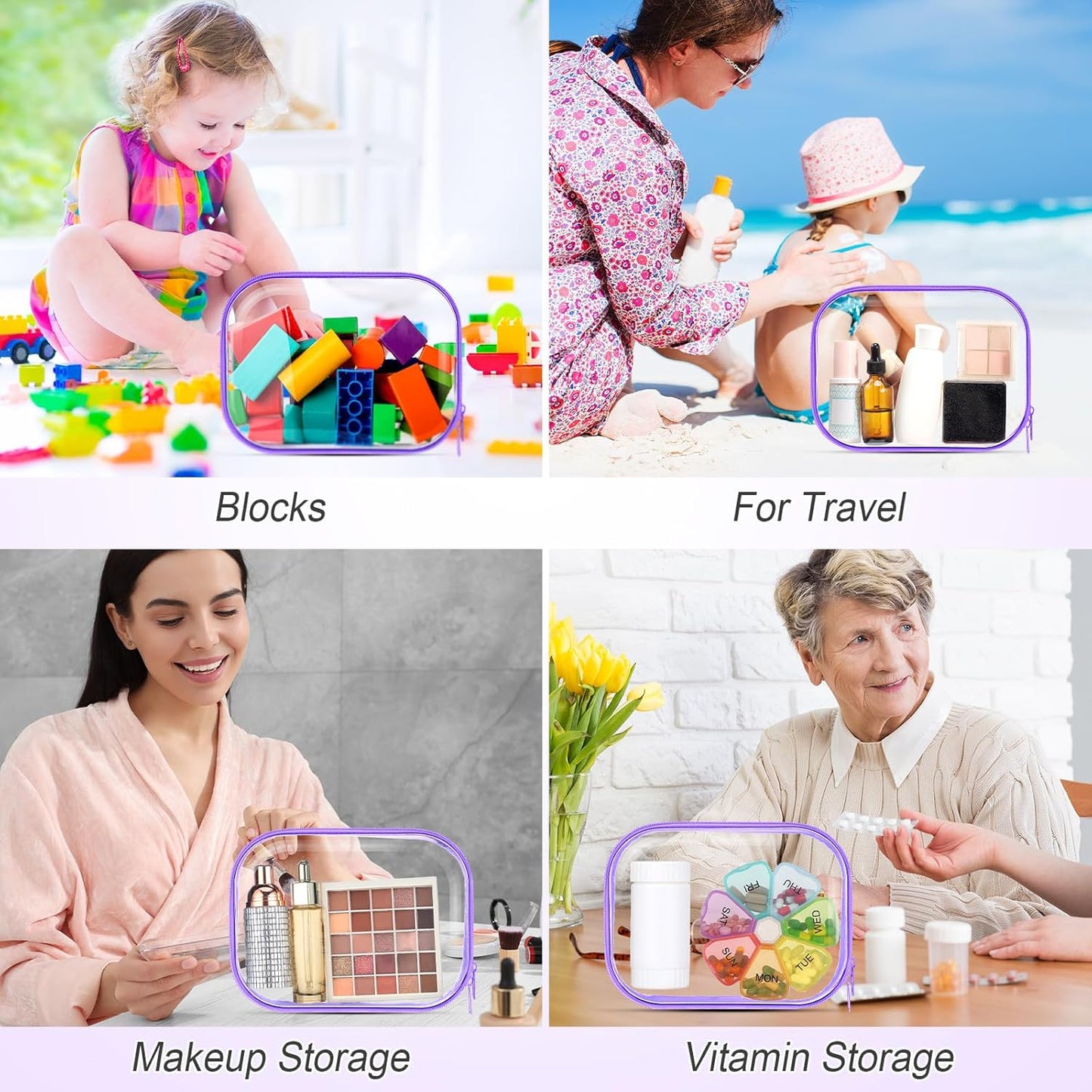 Sanwuta 6 Pcs Clear Hard Zipper Case Pencil Pouches Hard Plastic Zipper Pouches Makeup Bag Transparent Cases for Snacks Plastic Storage Organizer Box for Travel(Purple,7.87 x 5.9 x 2 Inch)