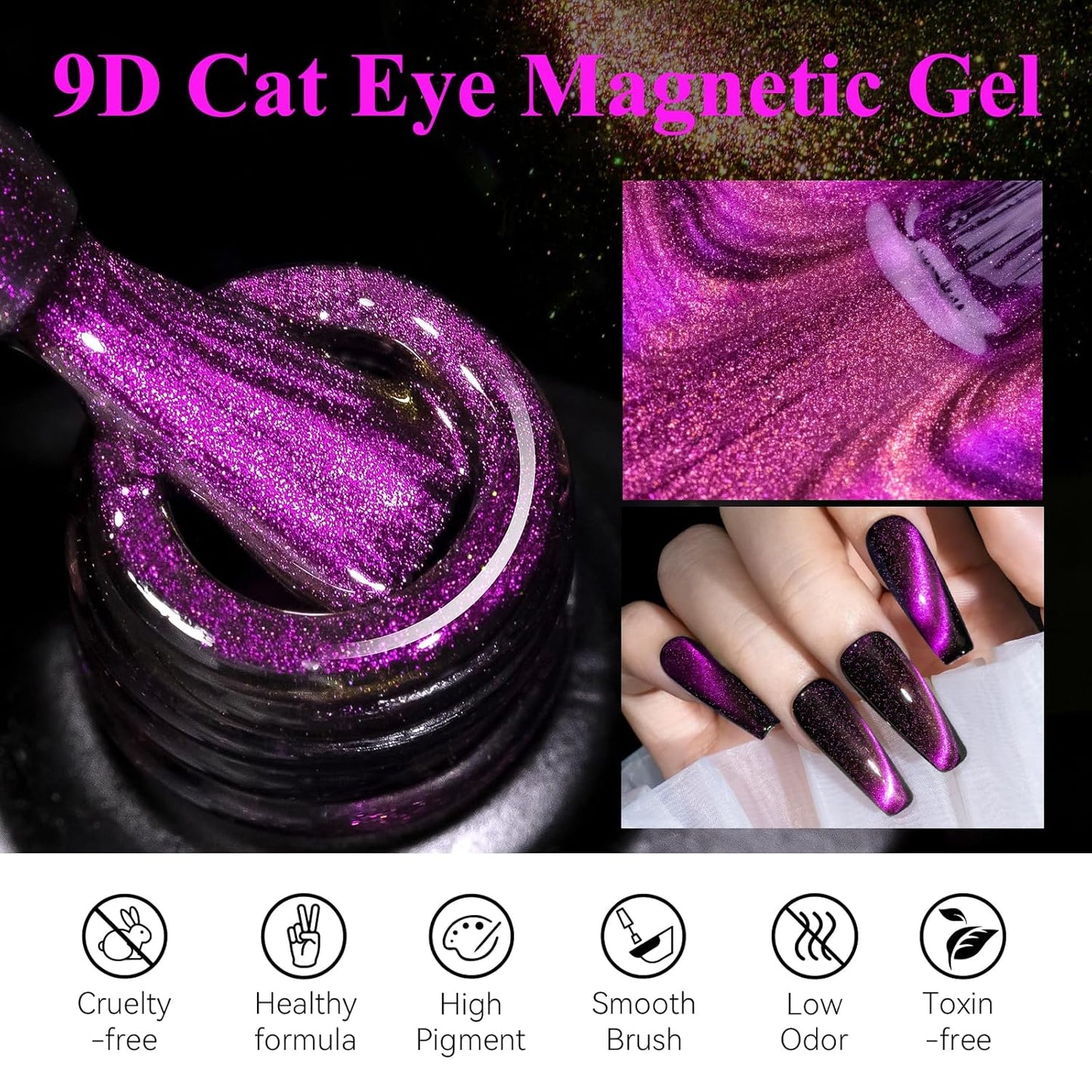 MIZHSE 9D Cat Eye Gel Nail Polish, Rose Red Magnetic Gel Polish with Magnet Stick, Magic Shimmer Galaxy Effect Holographic Glitter Silky Cat Eye Nail Polish Soak Off Nail Art Salon Manicure at Home