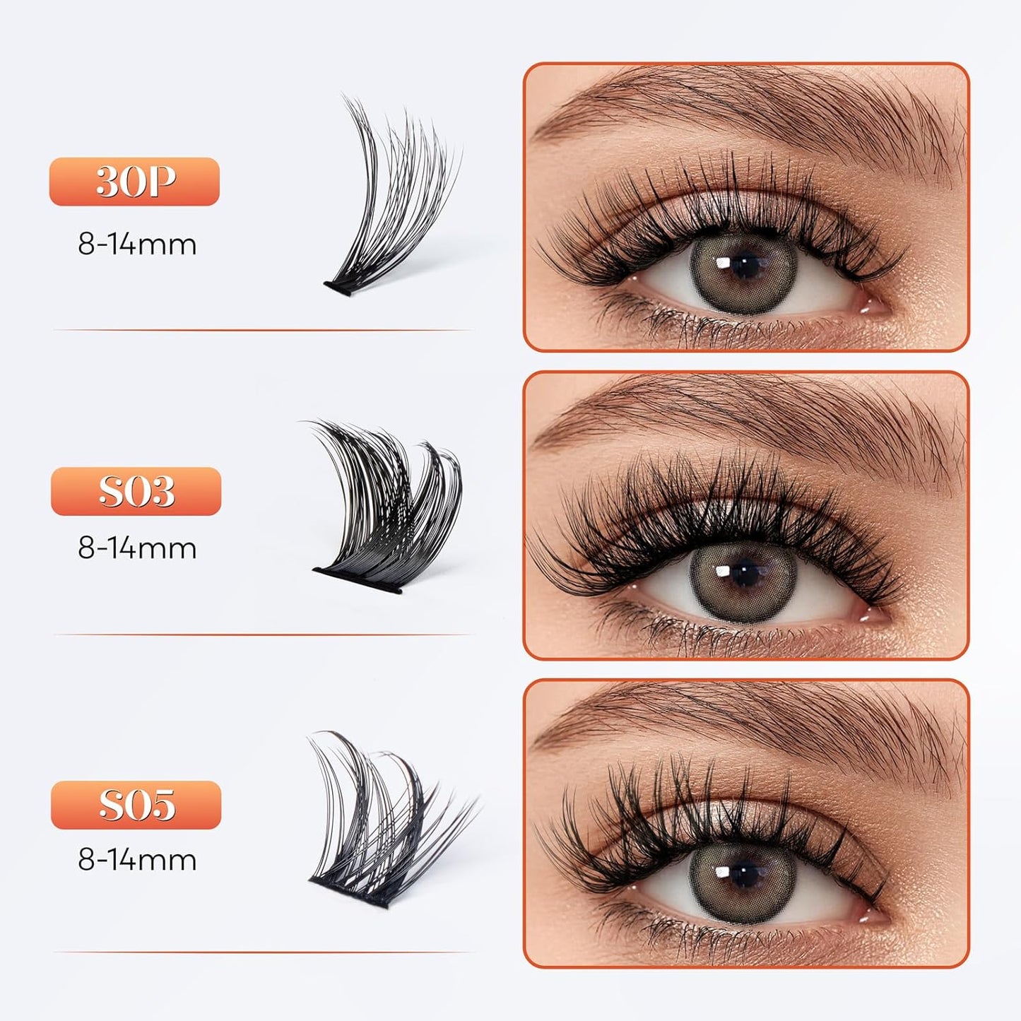 Lash Clusters Kit-VYRILA 0.07mm Wispy 8-14mix C Curl Eyelash Clusters with Lash Bond and Seal Waterproof, Eyelash Tweezers (30P+S05 KIT 192pcs-8-14mix)