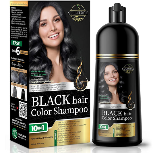 Black Hair Dye Shampoo – Instantly Covers Gray Hair in Minutes – 10-in-1 Herbal Hair Color – No Stain, Ammonia-Free, Natural – For Men & Women