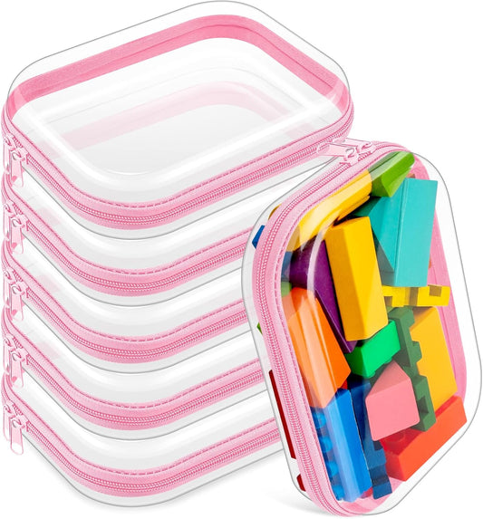 Sanwuta 6 Pcs Clear Hard Zipper Case Pencil Pouches Hard Plastic Zipper Pouches Makeup Bag Transparent Cases for Snacks Plastic Storage Organizer Box for Travel(Pink,7.87 x 5.9 x 2 Inch)