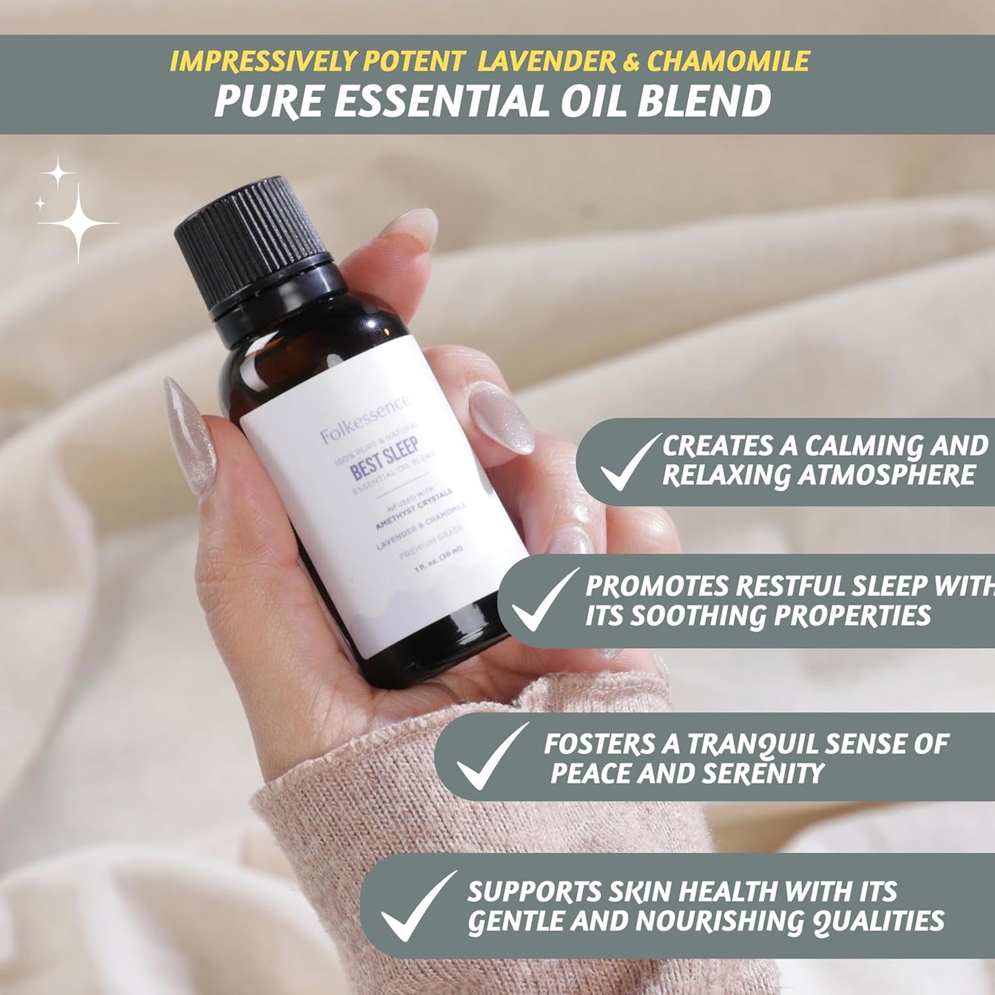 Folkulture Sleep Essential Oil Blends | 100% Pure & Natural 1 Fl. Oz. | Chamomile & Lavender Essential Oil Premium Grade | Infused with Amethyst Crystal for Diffusers for Home.