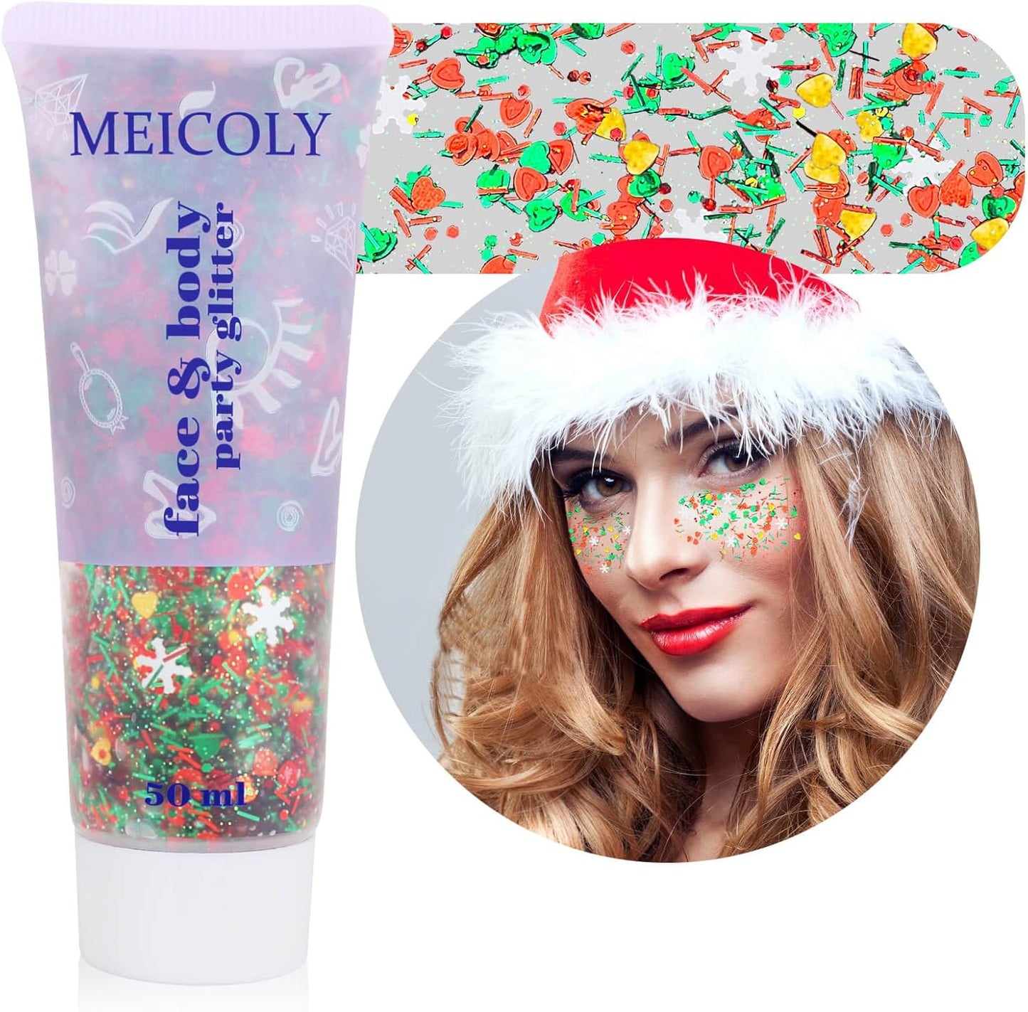 Christmas Makeup,MEICOLY Christmas Face Body Glitter Gel,Christmas Stocking Stuffers Gift Decorations,Festival Hair Glitter for Women Kids Girls,Chunky Sparkling Sequins Glitter Face Paint