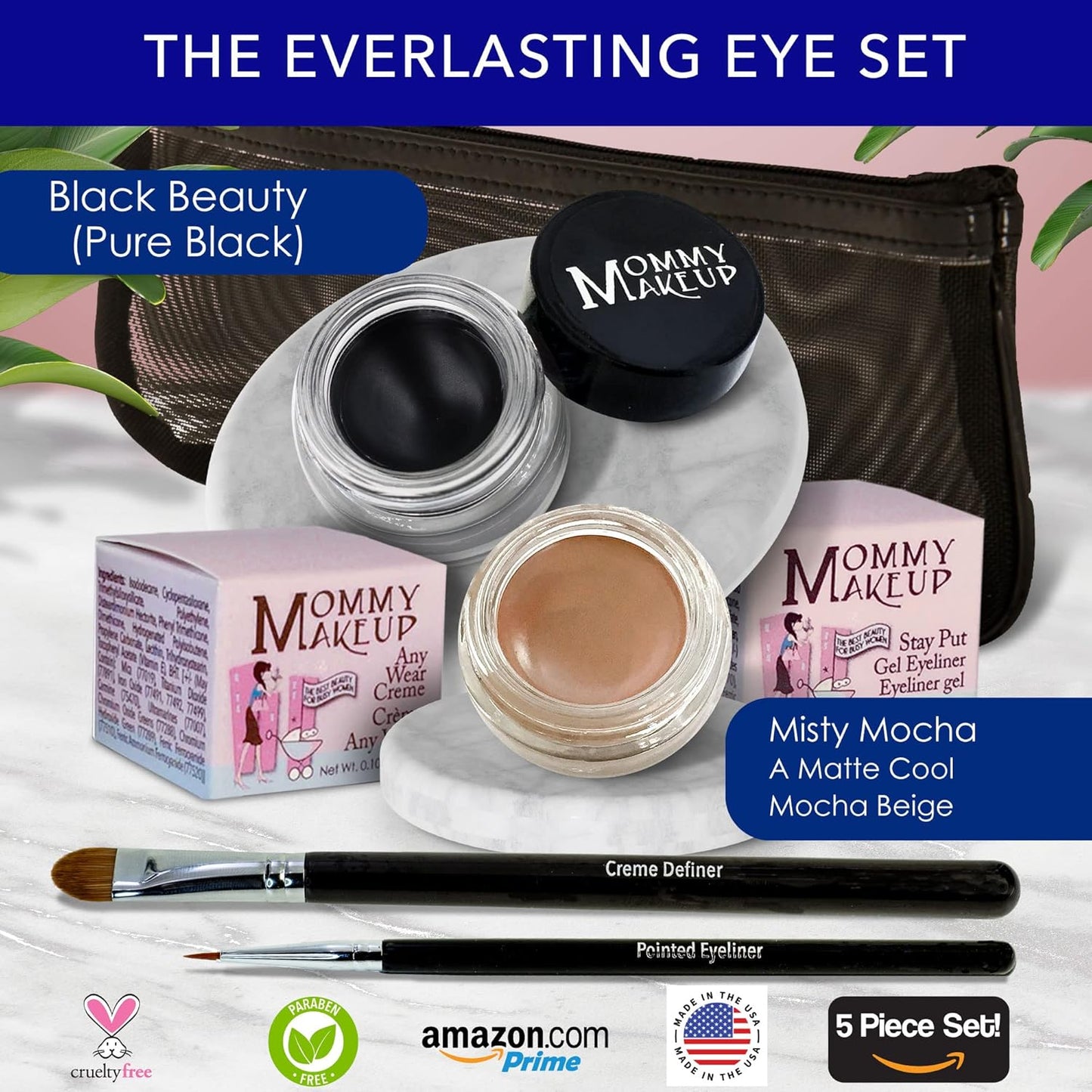 The Everlasting Eye 5 Piece Waterproof Makeup Set. Gel Eyeliner, Creme Eyeshadow, 2 brushes and Mesh Bag. Paraben-free, Talc-free, Cruelty-free. Misty Mocha/Black Beauty 1801