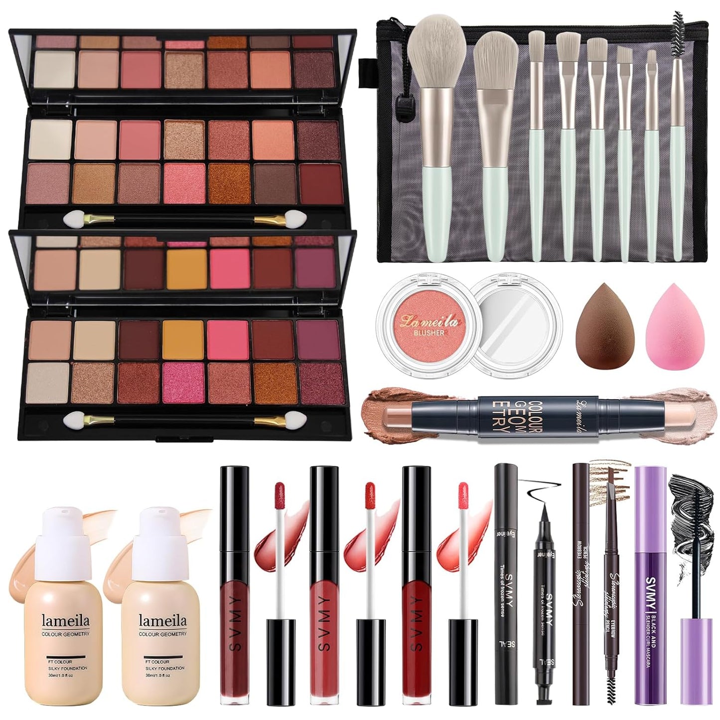 Makeup Present Set for Teen Girl Women, Travel Makeup Kit, Makeup Full Kit for Beginner, Makeup Bundle Include 2 Matte & Shimmer Eyeshadow Palettes, Liquid Glitter Eyeshadow & Eyeliner