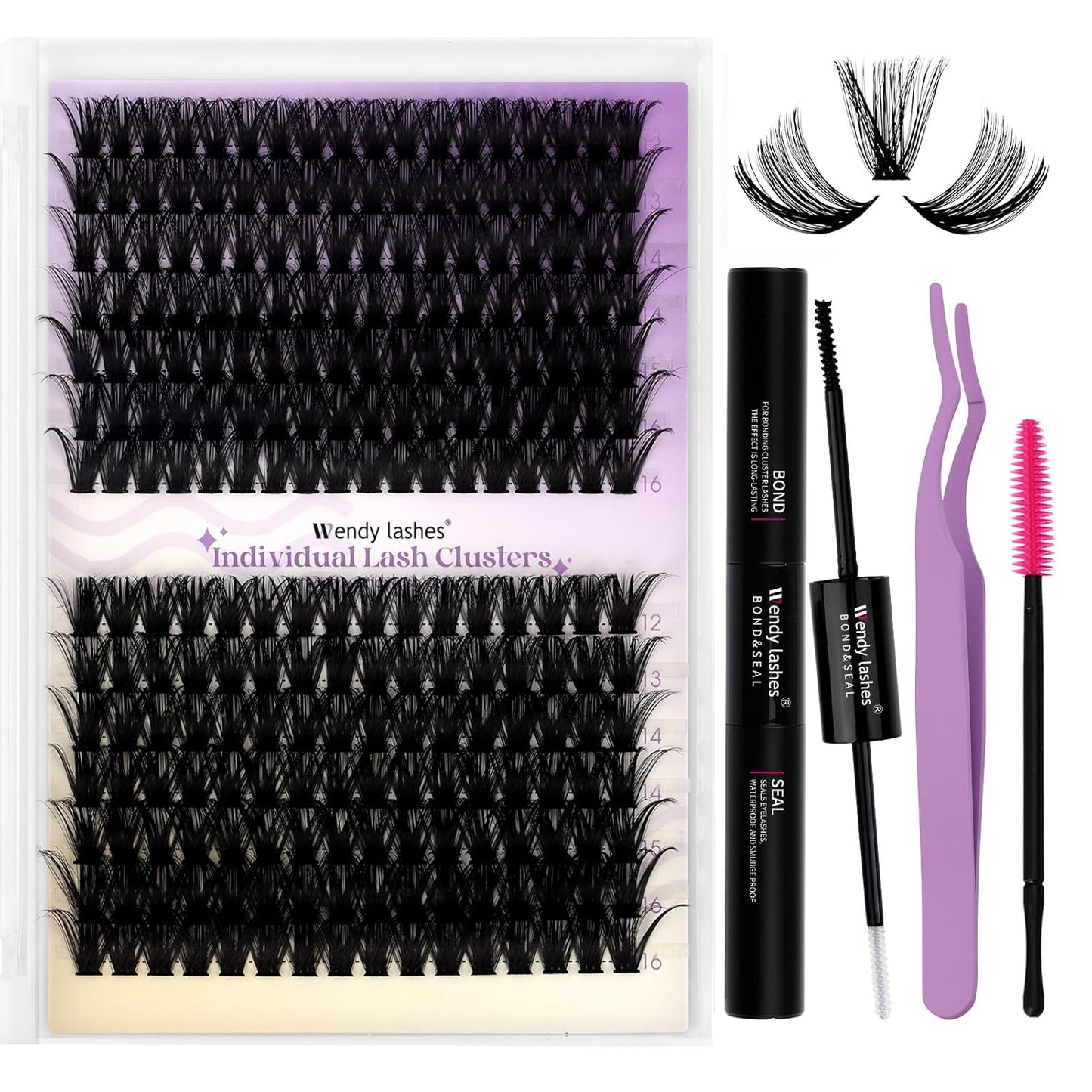Lash Clusters Kit for Using at Home: Ultra-light, DIY, Natural, Fluffy, Wispy, Waterproof, Anime, Manga, Cat Eye, C Curl, 12-16mm, 60P+80P, Wendy, RT318