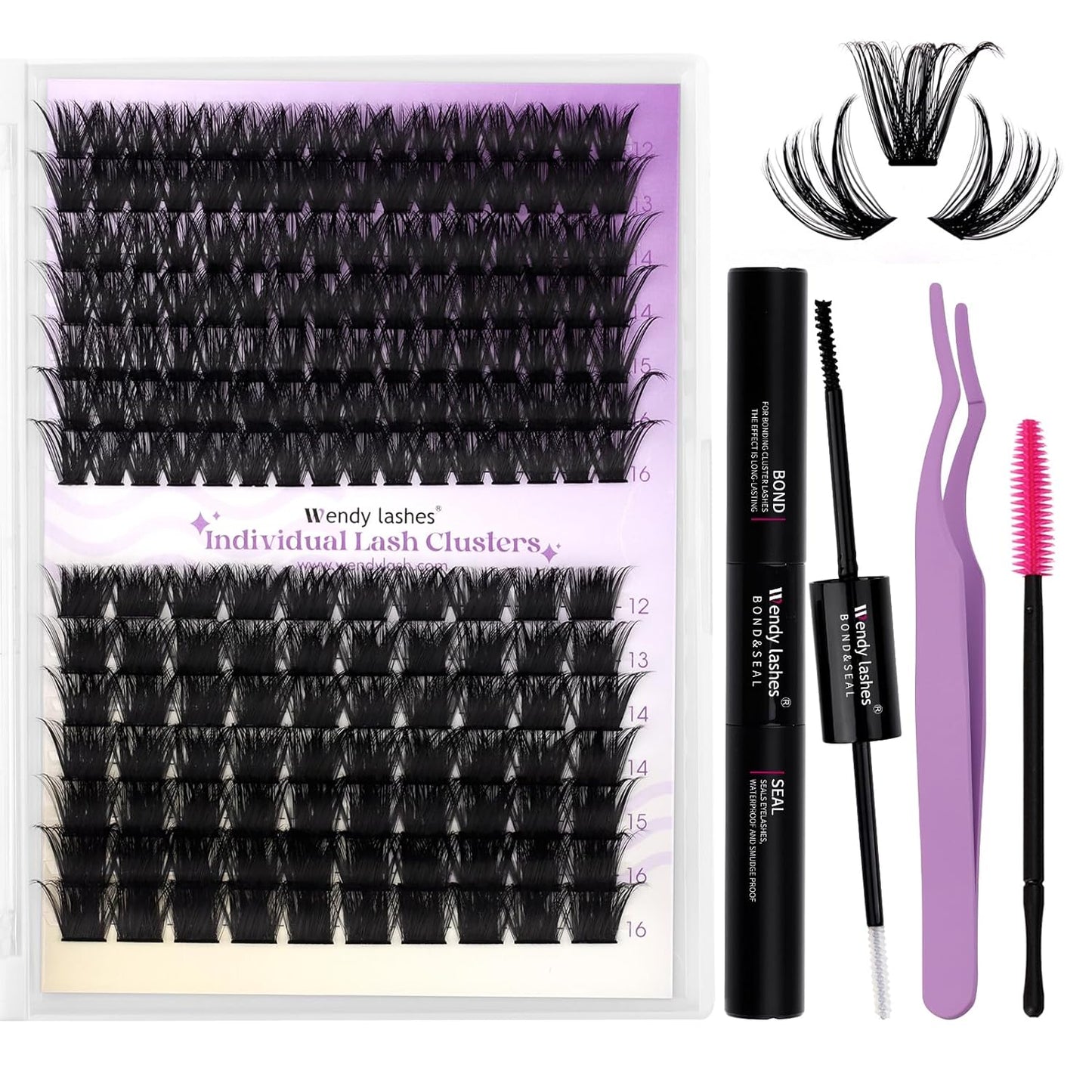 Lash Clusters Kit for Using at Home: Ultra-light, DIY, Natural, Fluffy, Wispy, Waterproof, Anime, Manga, Cat Eye, C Curl, 12-16mm, 100P+200P, Wendy, RT318
