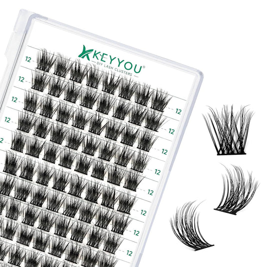 Lash Clusters 96pcs Individual Lashes D Curl 12mm Eyelash Clusters KEYYOU Volume Wispy Lash Extension Soft&Comfortable Easy DIY at Home(Y08,D-12mm)