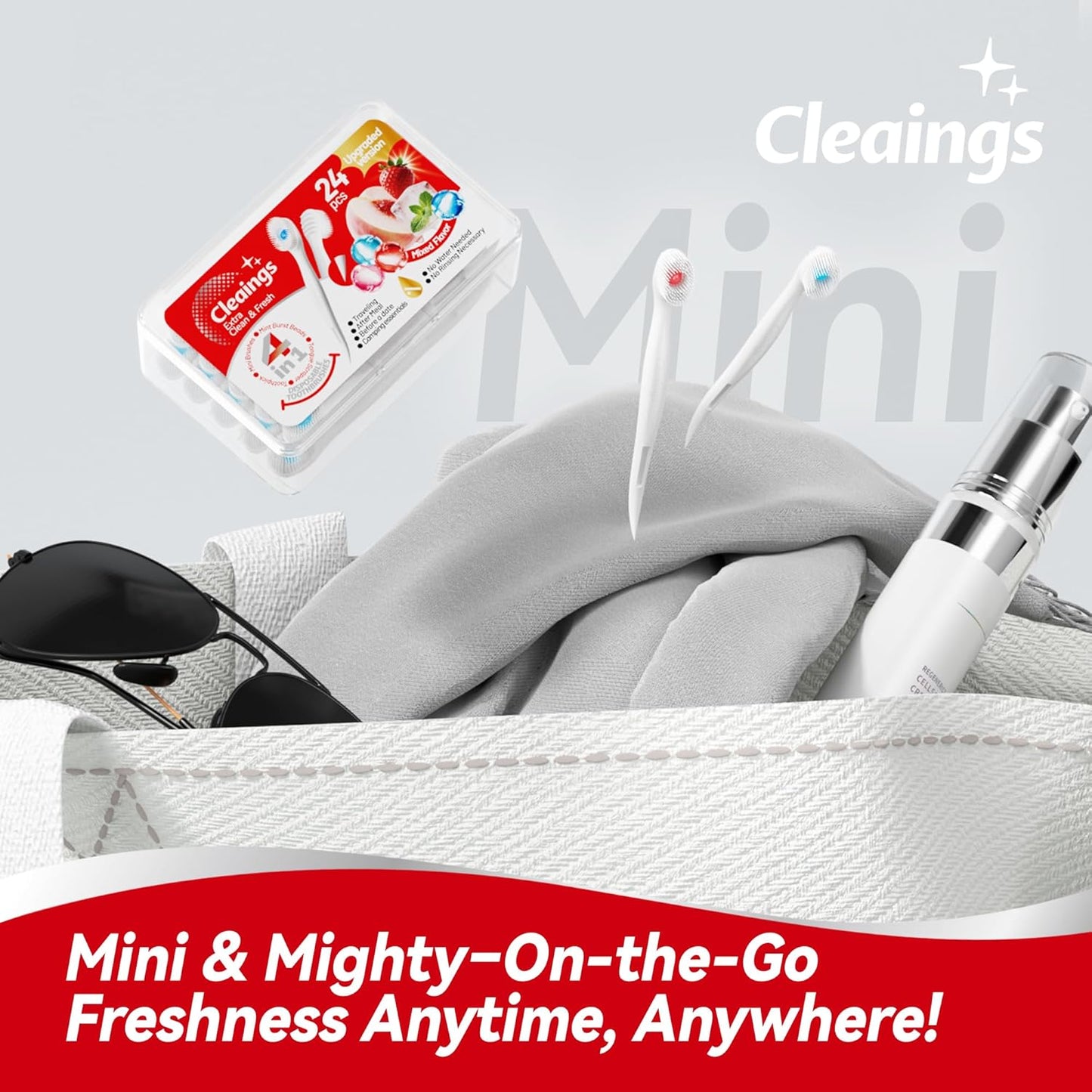 cleaings® Mini Disposable Toothbrush Set with Toothpaste – Travel Essentials, Portable Toothbrush for Women & Men, Camping, Road Trip, Vacation, 24 Count-Ice Strawberry Flavor（Pack of 5）