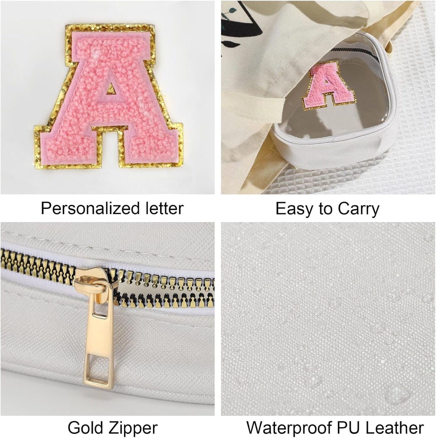 YOOLIFE Initial Make Up Bag Travel Toiletry Bag, Clear Makeup Bag Preppy Cosmetic Bags Organizer Travel Essentials Gifts for Women Teen Girlfriend Teacher Mom Birthday Mothers Day Gifts White I