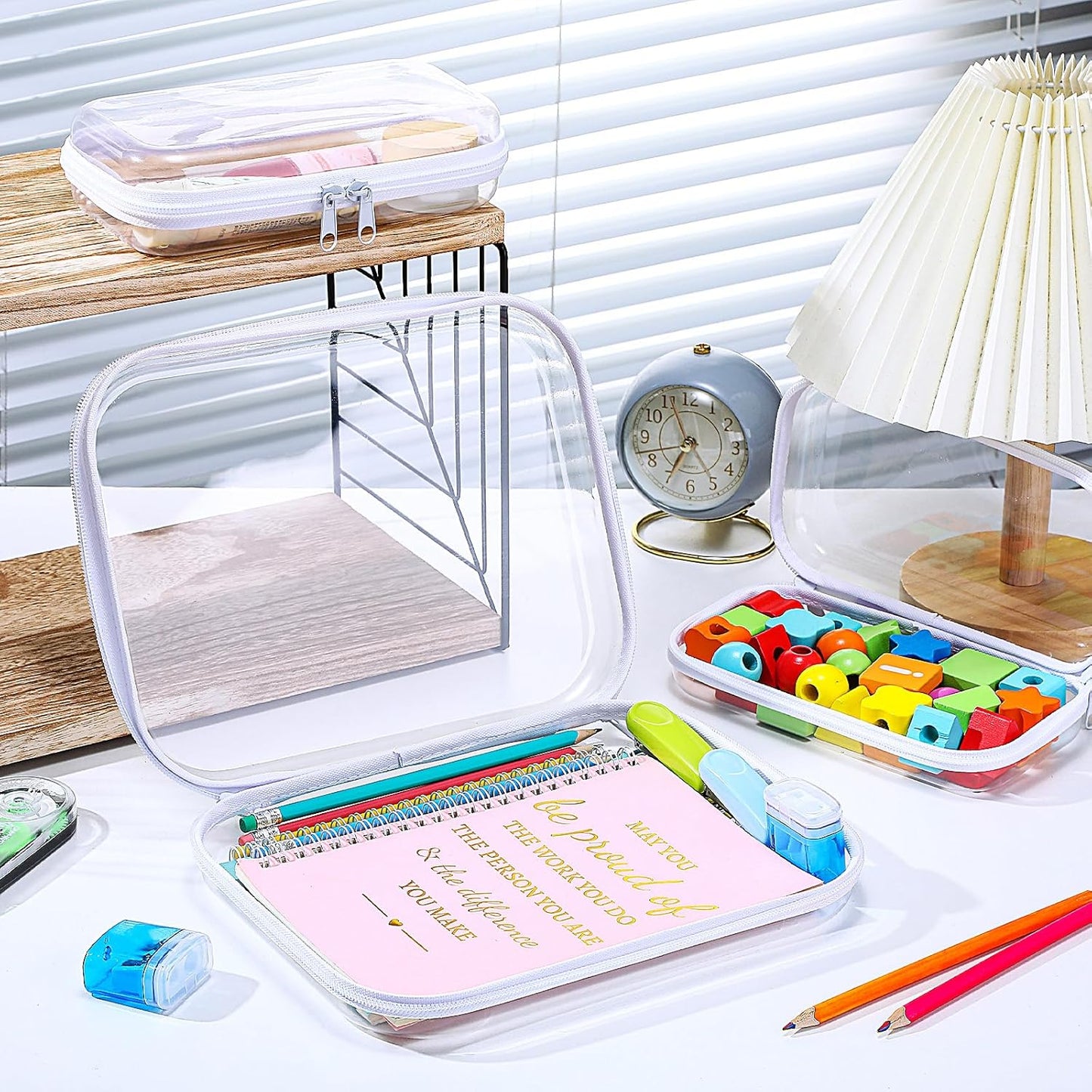 Hoolerry 3 Pcs Clear Hard Zipper Case Plastic Pouch Transparent Hard Case Clear Makeup Bag Portable Travel Organizer Bin for Cosmetics, Building Blocks, Puzzles(White,Mss)