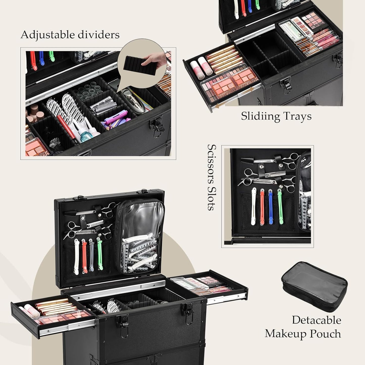 Joligrace Professional Rolling Makeup Case 4 Drawers Pro Makeup Artist Cosmetic Train Case Hairstylist Travel Case Portable Make Up Station with Multiple Compartments Extra Large - Black